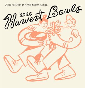 A graphic of two people walking together holding vegetables and bowls. A playful cursive text says "Harvest Bowls"