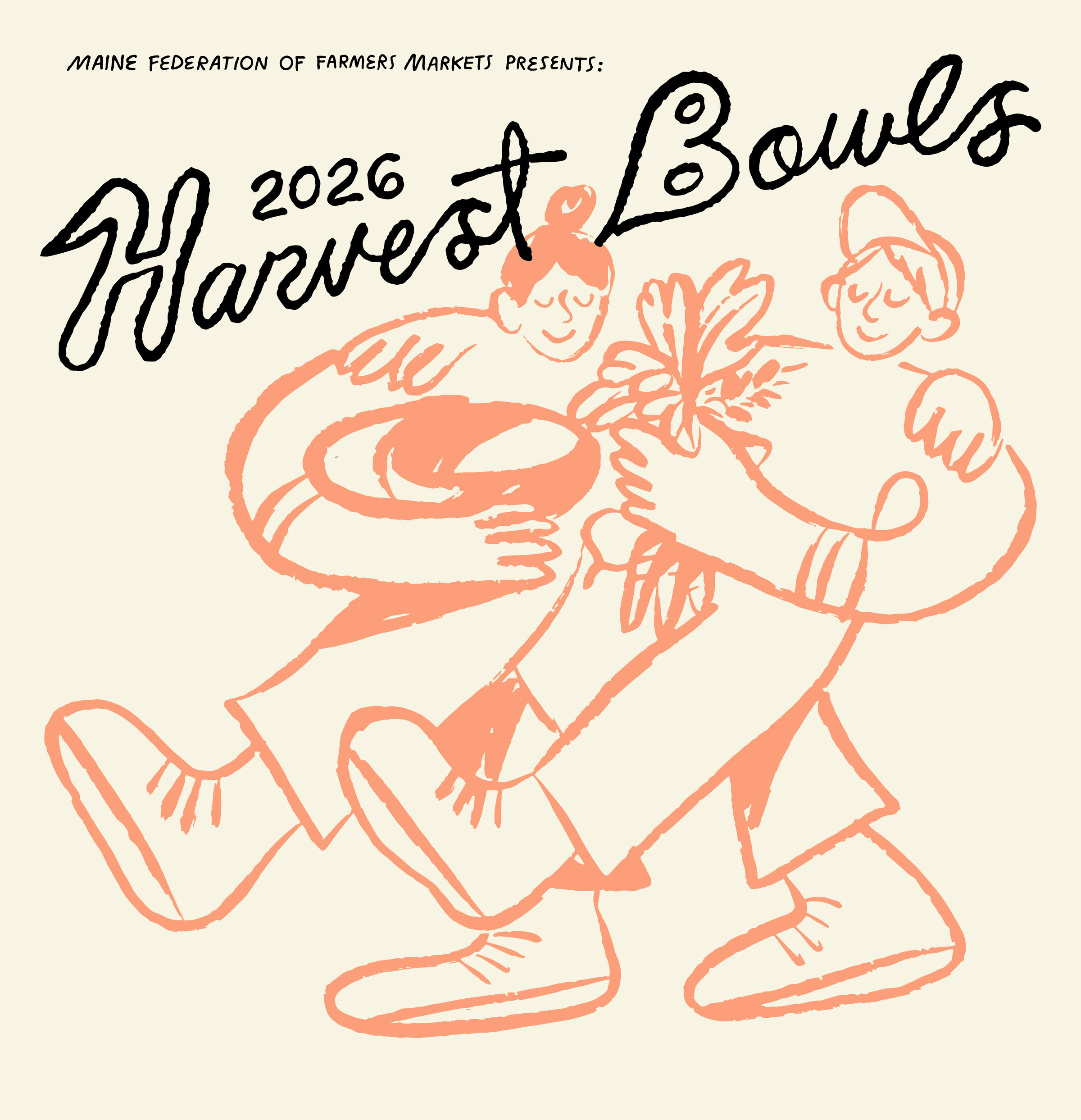 A graphic of two people walking together holding vegetables and bowls. A playful cursive text says "Harvest Bowls"